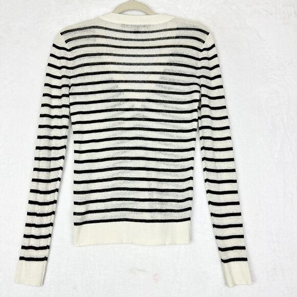 Veronica Beard Dean Striped Linen V-Neck Sweater Size Small Breton Ribbed - Picture 4 of 6